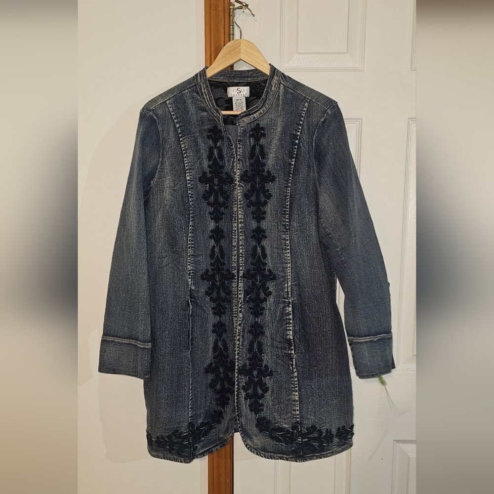 Stylish Denim Jacket with Black Embroidery